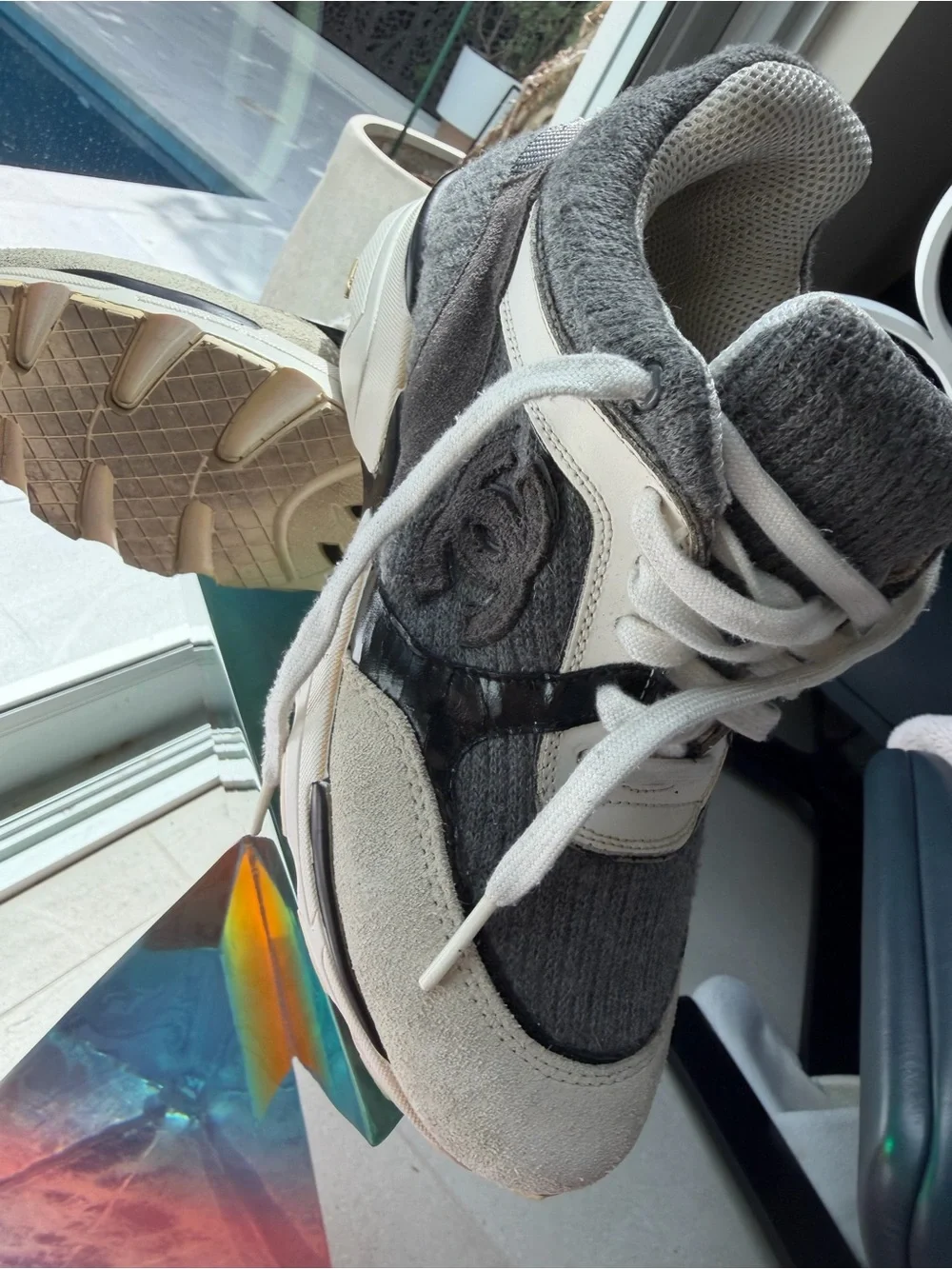 CHANEL Kids' Gray Knit Logo Back Sneakers